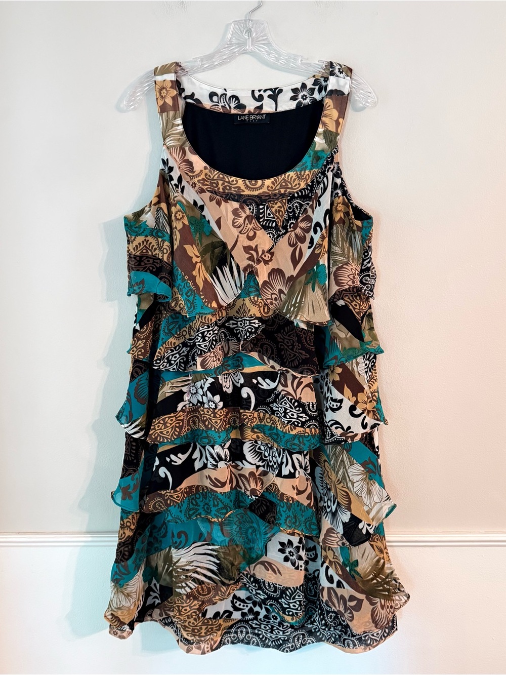Lane Bryant tiered ruffle sleeveless dress Black Multicolor & Brown Trim Size XL